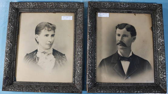 Pair of old framed photographs of man and woman: Pair of old framed photographs of man and woman, 18 in. W, 21 in. T.