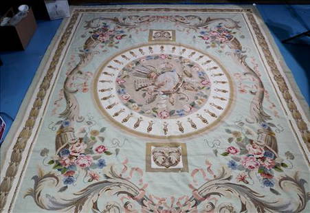 Antique needlepoint rug, 9 ft. 8 in. x 7 ft. 10.5 in.: Antique needlepoint rug, has some damage, 9 ft. 8 in. x 7 ft. 10.5 in.