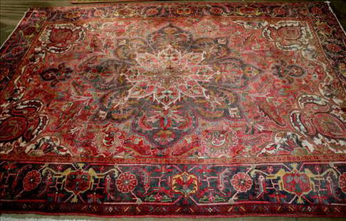 Handmade Persian rug, 7 ft. 8 in. x 10 ft. 10 in.: Handmade Persian rug, red, Green, blue white and gold, 7 ft. 8 in. x 10 ft. 10 in., has some wear