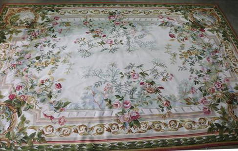 Beautiful needlepoint rug, 9 ft. 2 in. x 5 ft. 11 in.: Beautiful needlepoint rug with flowers, green and white, 9 ft. 2 in. x 5 ft. 11 in.