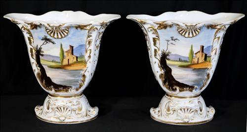 Pair of Old Paris vases with painted landscape, 9.5 in.: Pair of Old Paris vases with landscape painted on one side and people on the other, 9.5 in. T.