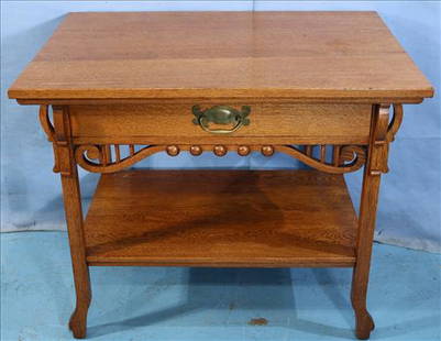 Oak library table with drawer, 29 in T, 34 in. W, 24: Oak library table with drawer, 29 in T, 34 in. W, 24 in. D.