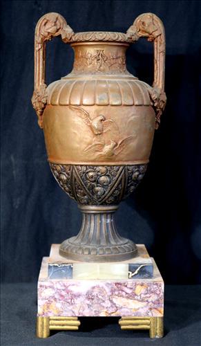 Metal urn with marble base, 13 in T.: Metal urn with marble base, 13 in T.