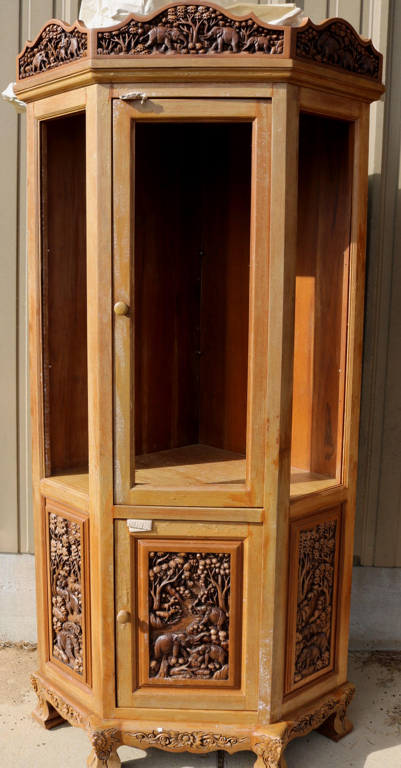 Teakwood corner display cabinet with elephants (1 of 4)