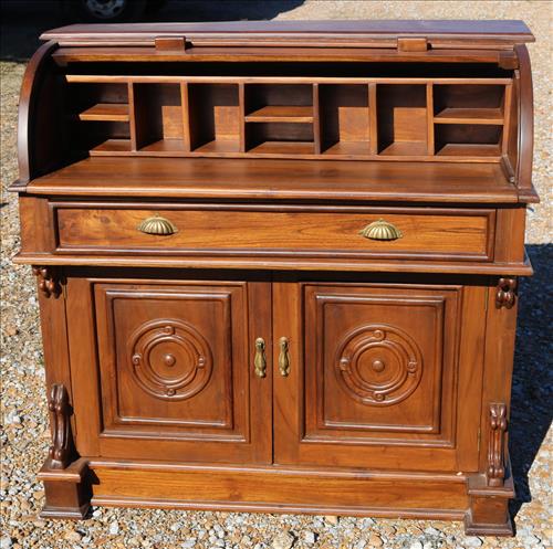 Solid teakwood hand carved roll top desk w chair (1 of 5)