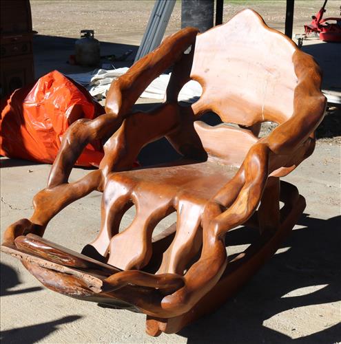 Bench rocker made from solid teakwood with damage: Bench rocker made from solid teakwood with damage, 45 in. T, 36 in. W, 21 in. D.