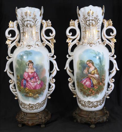 Pair Old Paris mantle vases with bronze base, 20.5 in. (1 of 7)