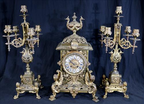 3 piece brass clock set with winged griffins (1 of 7)