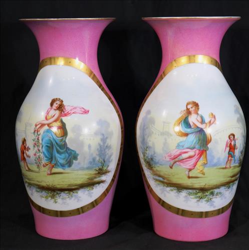 Pair of pink Old Paris vases with painted girls, 13 in. (1 of 5)