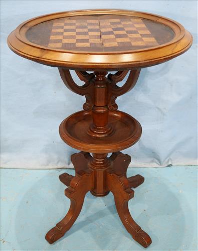 Walnut Victorian round checkerboard table, 29 in. T. (1 of 4)