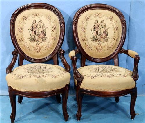 Walnut Victorian lady and gents chair with tapestry: Pair of Walnut Victorian lady and gents chair with tapestry upholstery, 38 in. T, 24 in. W,22 in. D.