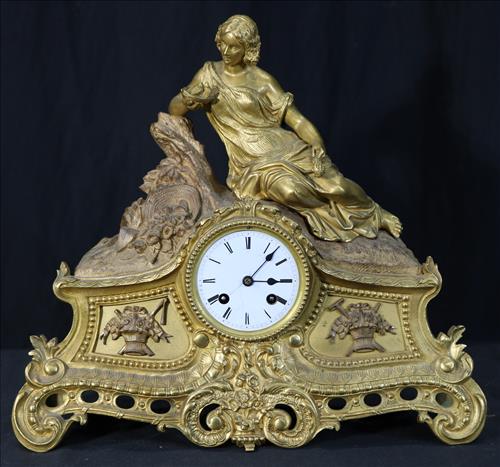 Brass Victorian mantle clock with figure of lady (1 of 4)