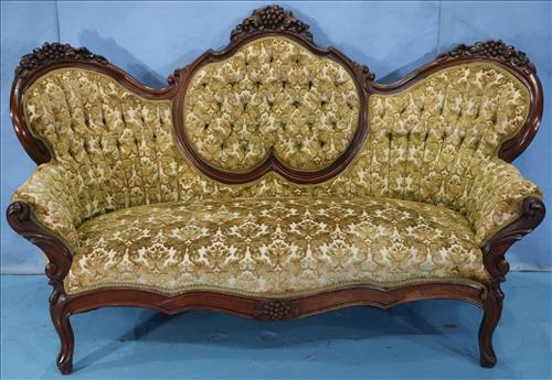 Small walnut Victorian triple back sofa with velvet (1 of 5)