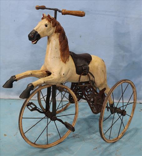 Horse tricycle with leather seat, 34 in. T, 35 in. L. (1 of 4)