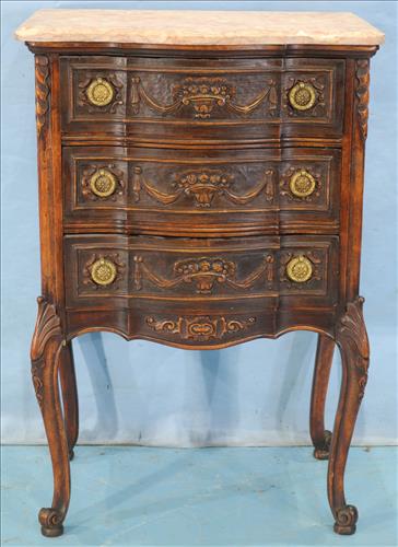 French walnut 3 drawer night stand with marble top (1 of 3)