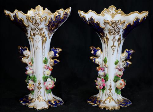 Small Old Paris vases with applied flowers, 8.5 in. T. (1 of 3)