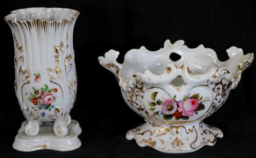 2 pieces, Old Paris porcelain vase and center bowl: 2 pieces, Old Paris porcelain vase and center bowl.
