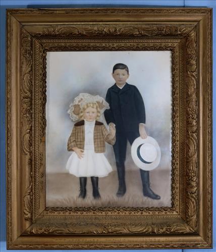 Old hand touch photo of Victorian boy and girl, 30 x 23 (1 of 2)
