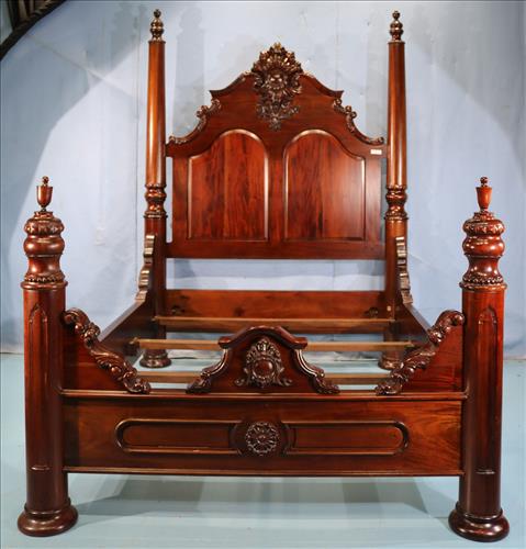 Queen size mahogany poster bed with carved crown (1 of 6)