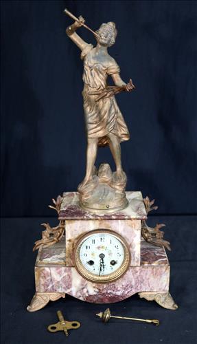 French marble clock with bronze statue, 20 in. T. (1 of 5)