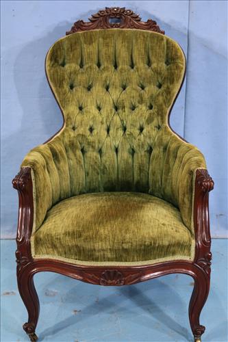 Walnut Victorian parlor arm chair with green upholstery (1 of 4)