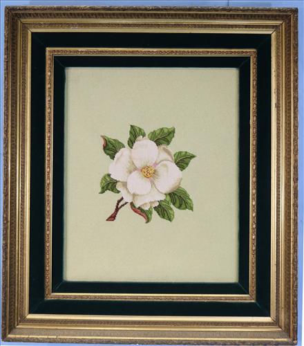 Needlepoint of magnolia in gold Victorian frame, 41 x (1 of 3)