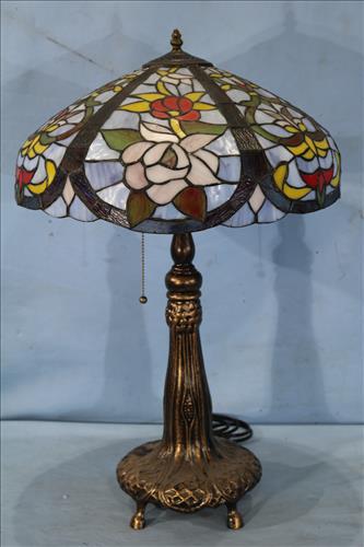Stained leaded glass lamp with metal base, 29 in. T. (1 of 4)