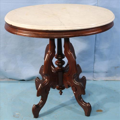 Oval walnut Victorian marble top parlor table (1 of 4)