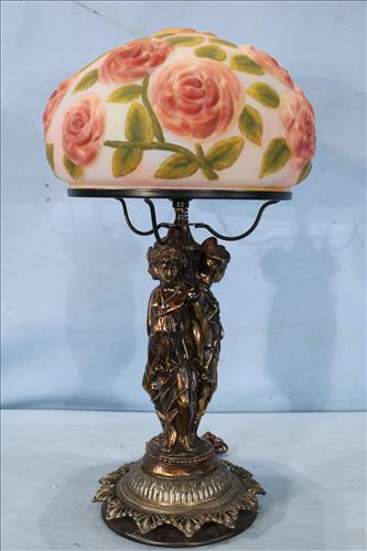 Metal lamp with puffed pink roses on shade, 22 in. T.: Metal lamp with puffed pink roses on shade and figural base, 22 in. T, 11 in. W.