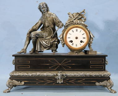 Bronze and marble mantle clock, 15 in. T, 6 in. D.: Bronze and marble mantle clock with figure of Shakespeare on top, 15 in. T, 6 in. D.