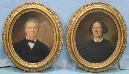 Pair of Oil on canvas of husband and wife, 22 x 18: Pair of Oil on canvas paintings of antebellum husband and wife in oval gold gilded frames, 22 x 18