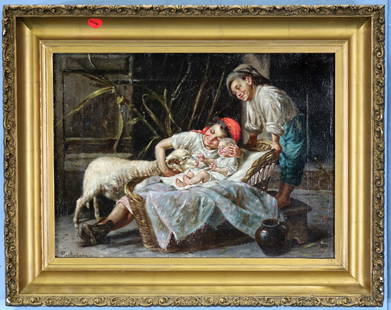 Oil on canvas of 2 children with baby and lamb: Early 19th Century oil on canvas of 2 children with baby and lamb, signed, 15 in. T, 19 in. W.