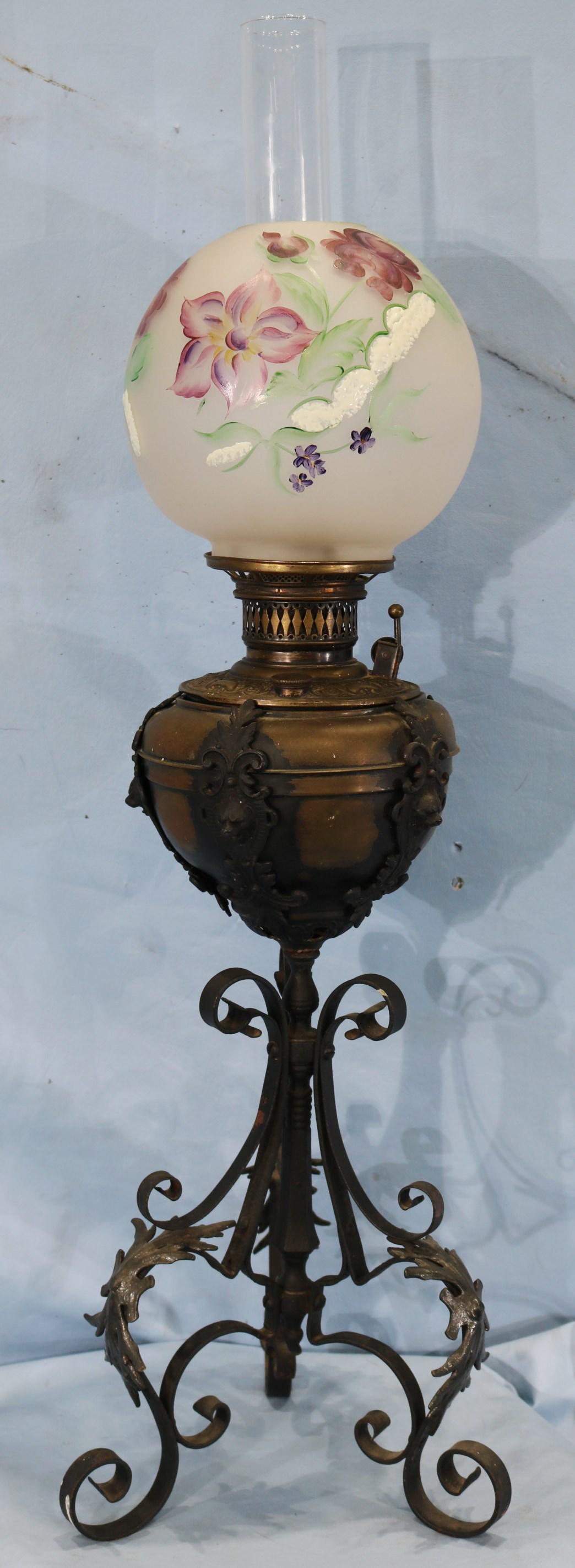 Wrought iron piano lamp with painted shade, 34 in. T.: Wrought iron piano lamp with hand painted shade, 34 in. T.