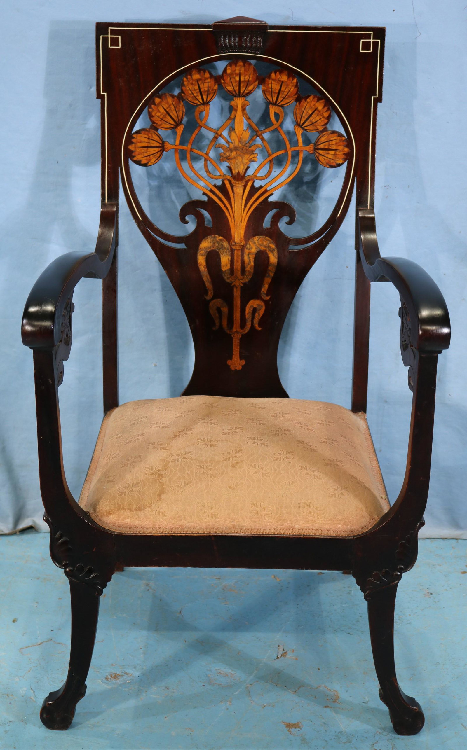 Laminated mahogany inlaid Art Noveau chair: Laminated mahogany inlaid Art Noveau parlor chair, 42 in. T, 23 in. W, 19 in. D.