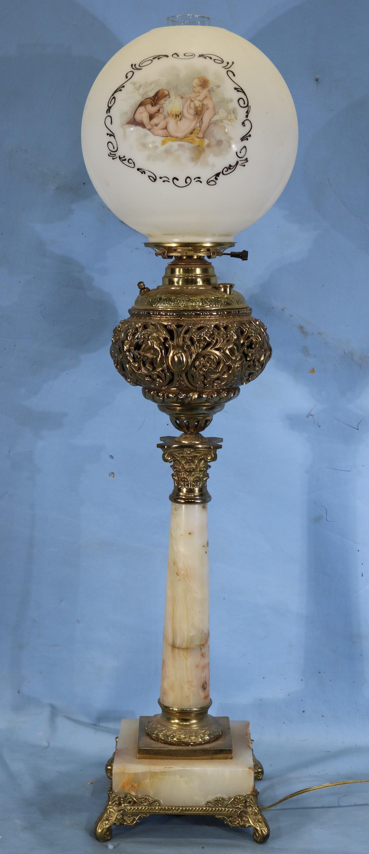 Tall alabaster banquet lamp with hand painted globe: Tall alabaster and brass banquet lamp with hand painted cherubs on globe, 37 in. T