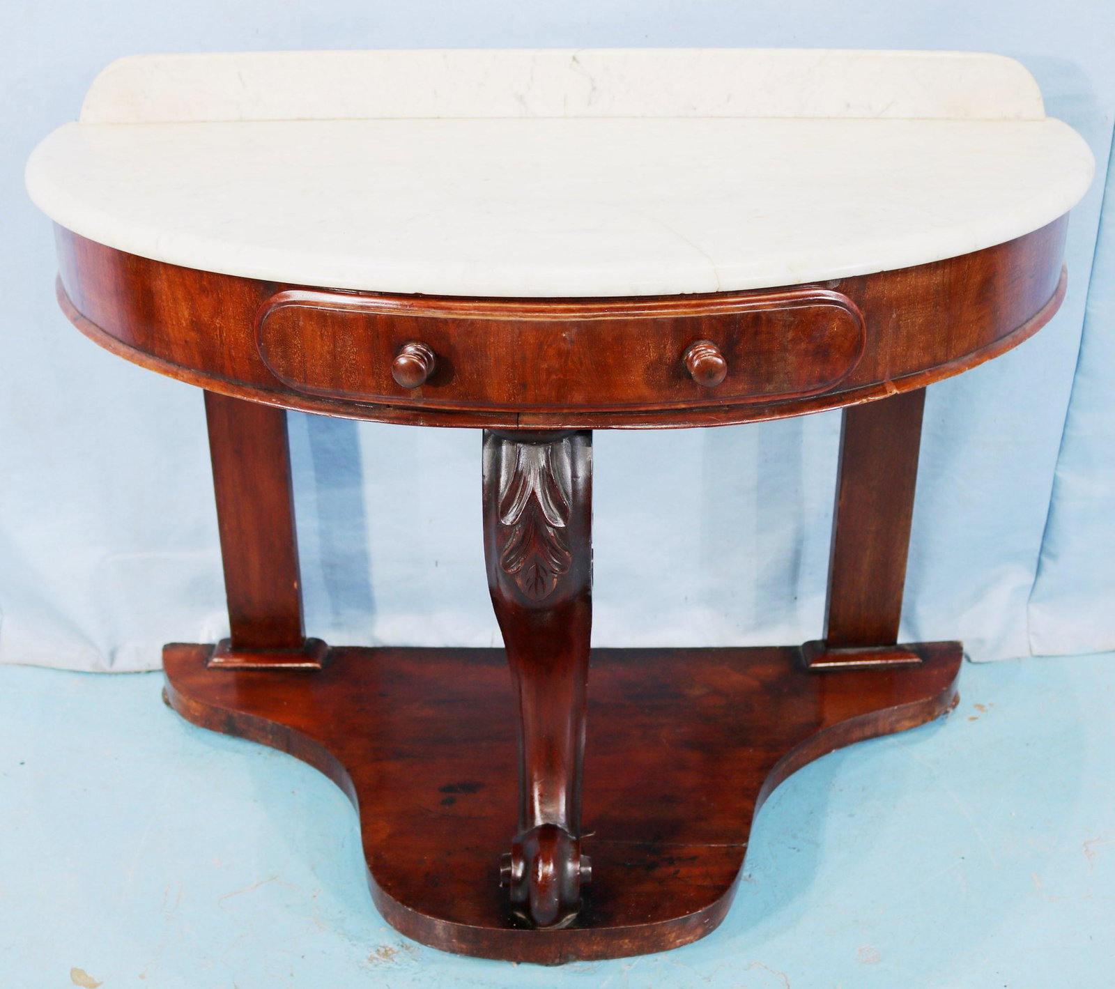 English marble top washstand with backsplash: English marble top washstand with white marble backsplash and drawer, 38 in. T, 42 in. W, 21 in. D.