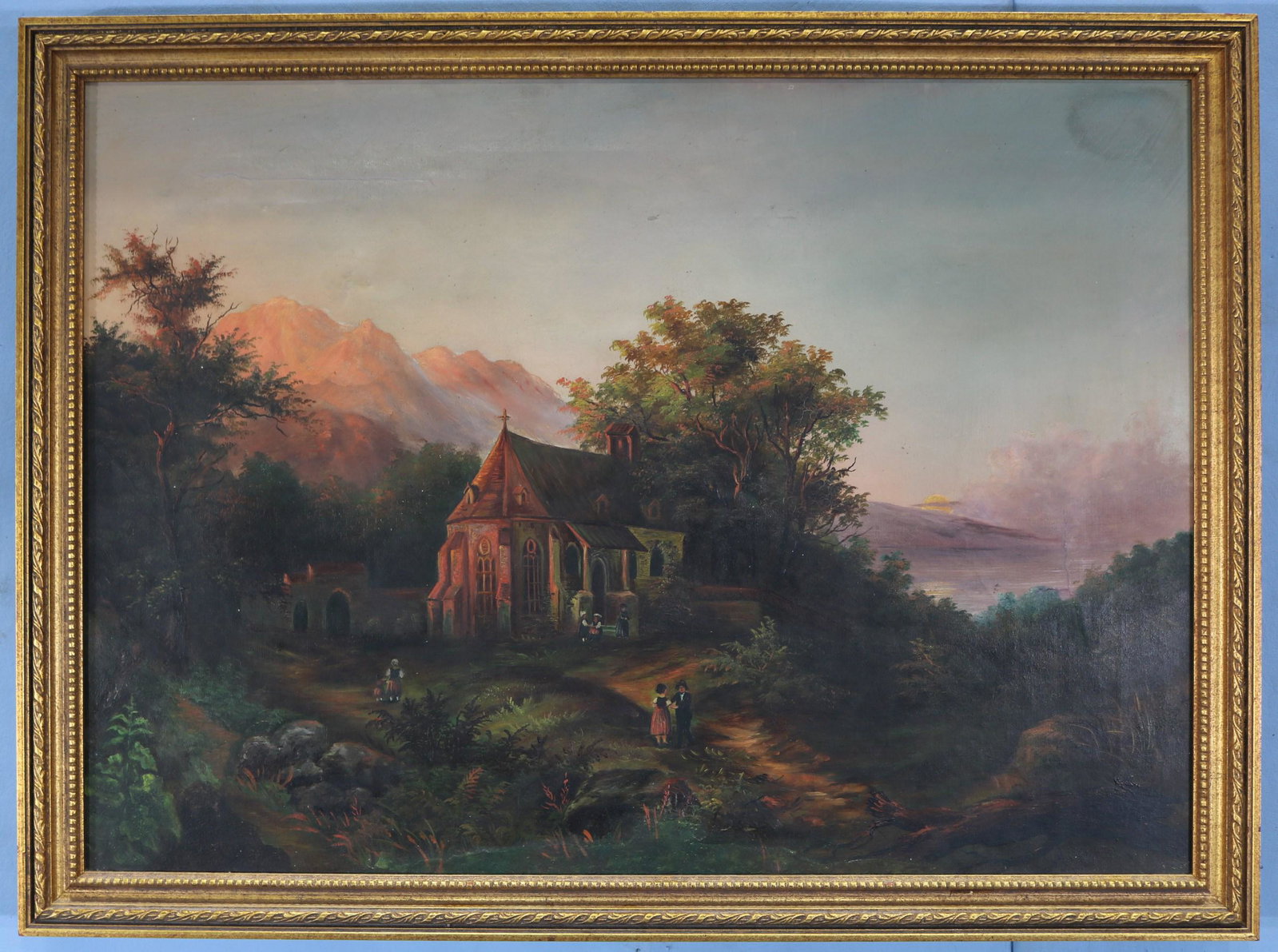 Oil on canvas landscape with country cottage scene: Oil on canvas landscape with country cottage scene, 31 in. W, 23 in. T.