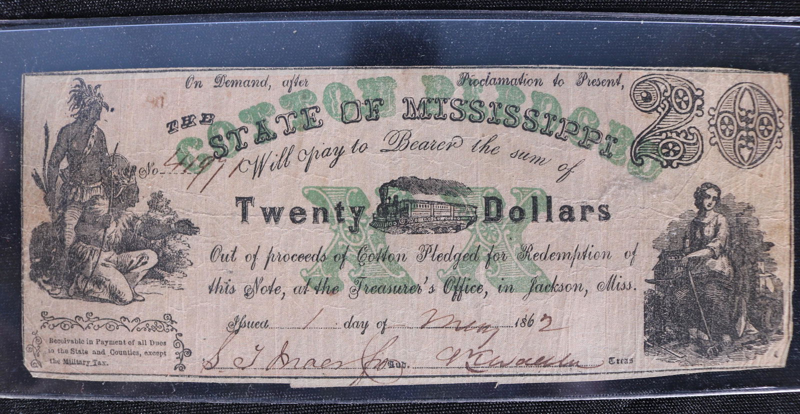 Mississippi Confederate $20 note, dated 1862 (1 of 2)