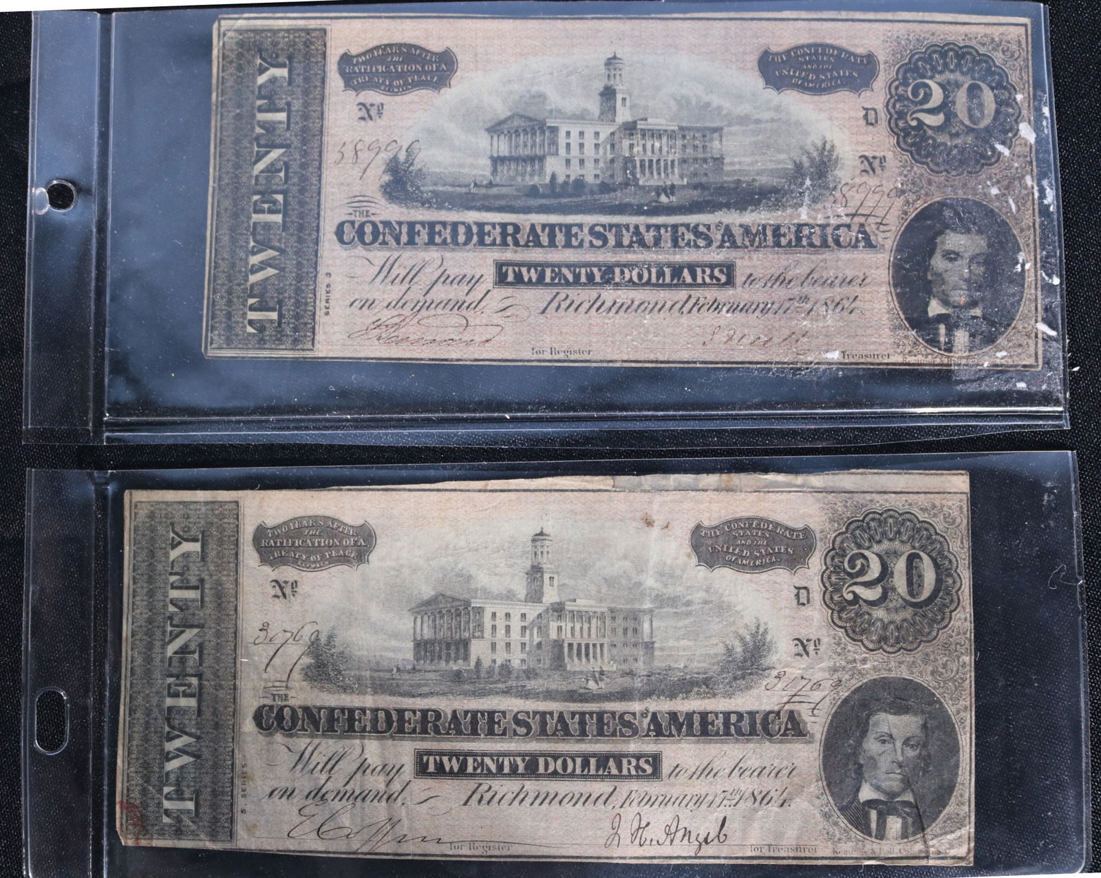 Two Confederate $20 bills, Richmond, Feb. 17th, 1861 (1 of 4)