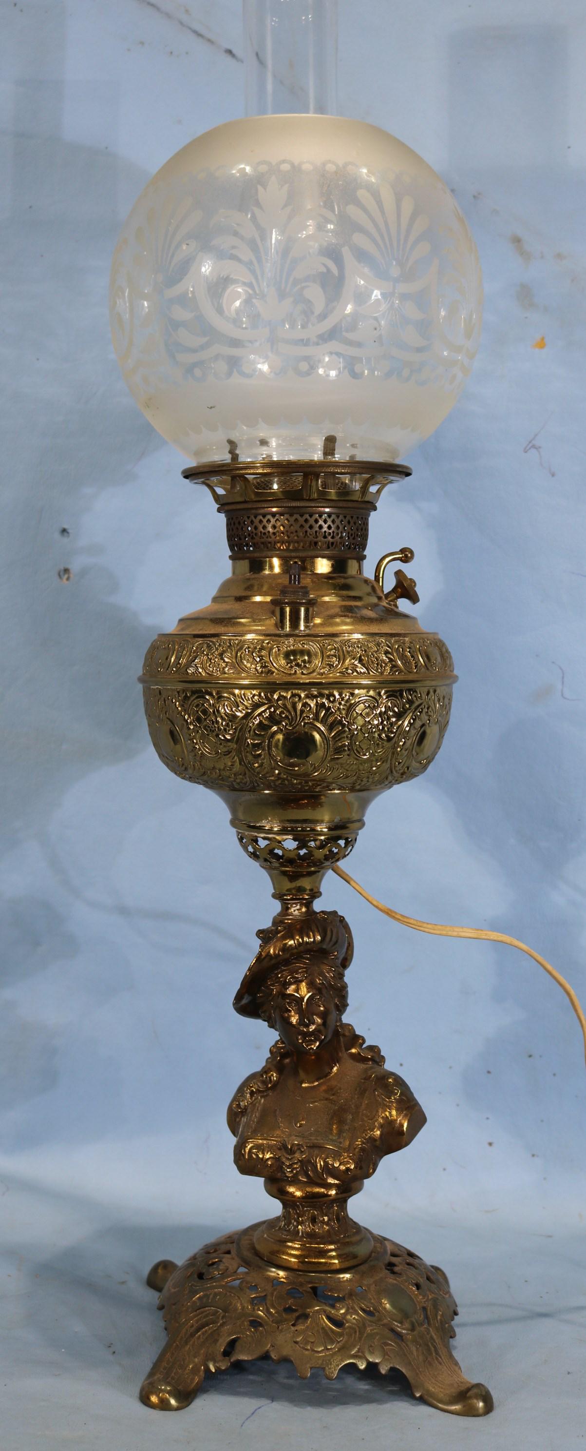 Brass parlor lamp with etched globe, 27 in. T. (1 of 5)