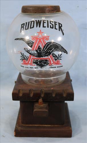 Budweiser peanut dispenser with original globe: Budweiser peanut dispenser with original globe and wood base, 13 in. T, 65 in. Sq.