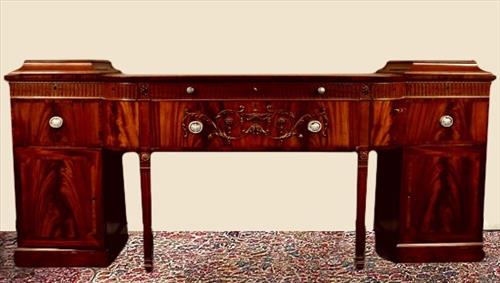 Very Impressive Large Mahogany Georgian Style Bowfront Sideboard: Very Impressive Large Mahogany Georgian Style Bowfront Sideboard with Ornate Carved Adams Urn , Silver and Wine Draweres, Beautiful Flame and Crossbanded Inlaid Mahogany , fine Silvered Adams Urn Hard