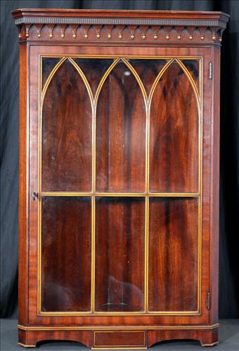 Mahogany unique corner cabinet with individual panes: Mahogany unique corner cabinet with individual pane glass, signed Hathaway, 33 in T, 21.5 in. W, 12 in. D.