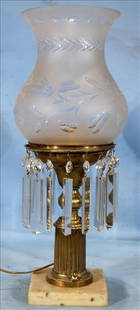 Early astral lamp with prisms and marble base, 21 in. T.: Early astral lamp with prisms, marble base and nice shade, electrified, 21 in. T