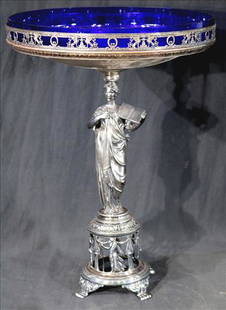 Cobalt blue silver-plate center piece with figural base: Cobalt blue silver-plate center piece with figural base, 18 in. T, 13 in. R.