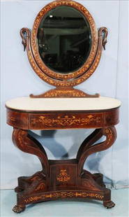 Oval dressing table attrib. to Horner: Extraordinary Oval dressing table with swans on mirror support, drawer and white marble top, attrib. to Horner, 58 in. T, 32 in. W, 17 in. D.