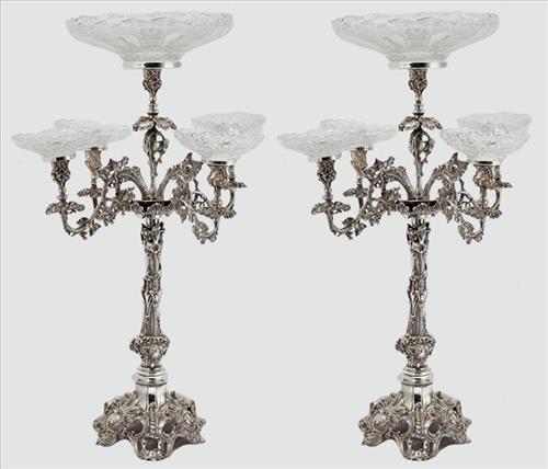Monumental Pair of 19th Century Epergnes/candelabras: Extravagant Monumental Pair of 19th Century Epergnes / Convertible Candelabras, very ornate silver plate candelabras with cut glass bowls for epergnes