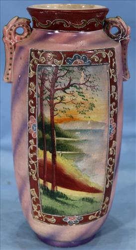 Nippon vase with hand painted landscape, 12.5 in. T.: Nippon vase with hand painted landscape scene, 12.5 in. T, 7 in. W.