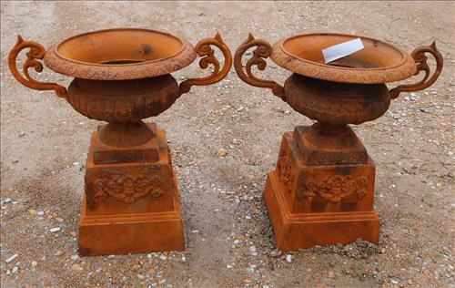 Pair of 2 pc. rust cast iron garden urns, 28 in T, 27 in. W. (1 of 4)