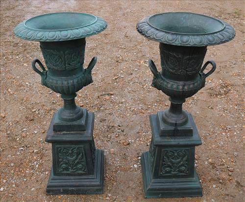 Pair of 2 pc. Green cast iron garden urns, 41 in. T, 19 in. D. (1 of 5)